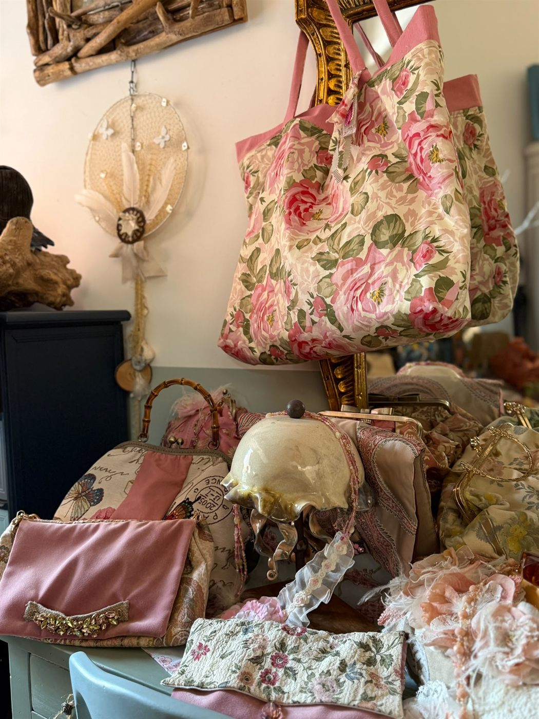 Shopper Rose — Tela a rose rosa, manici lunghi